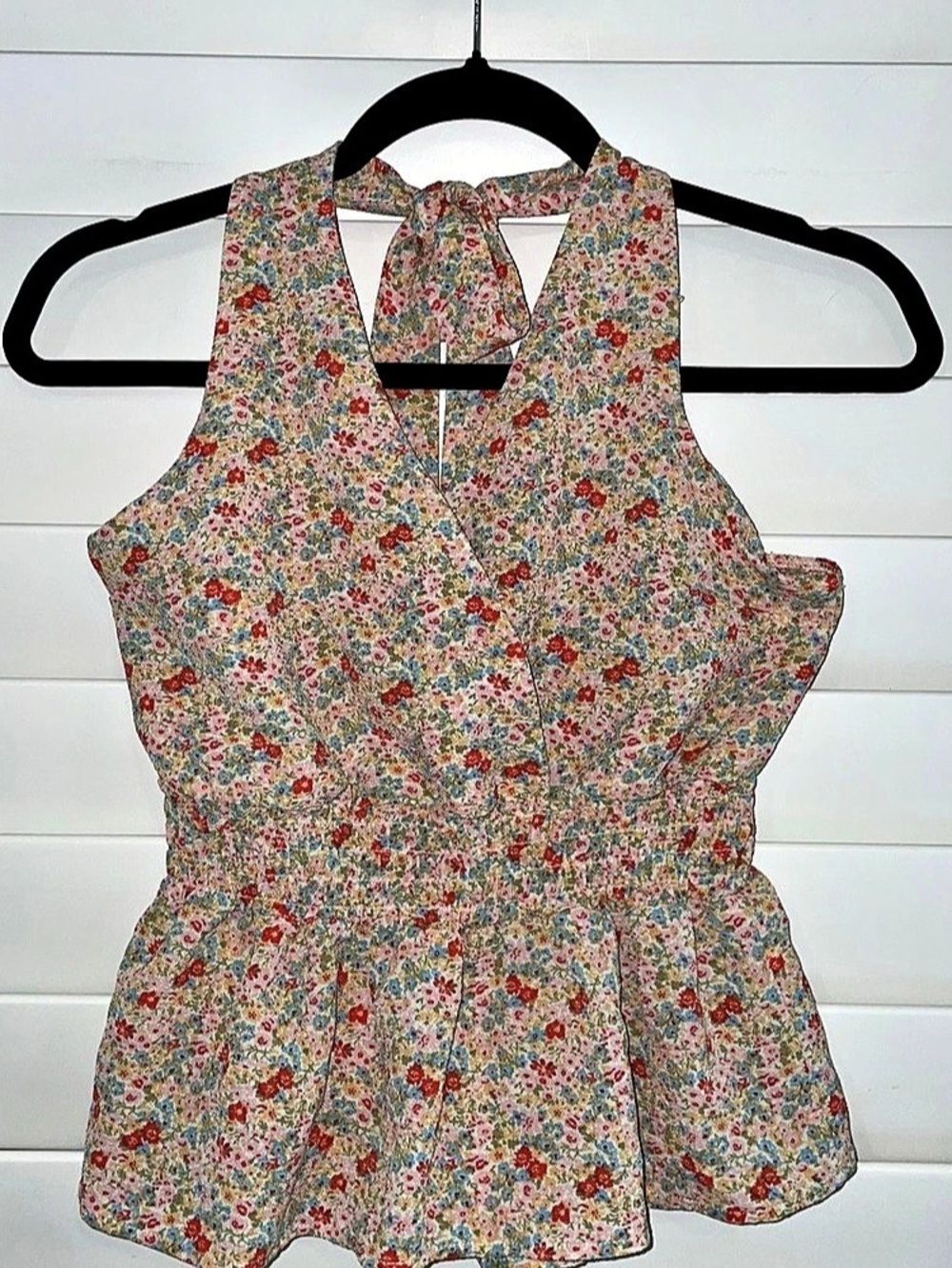 Monteau Los Angeles Floral Halter Blouse in Pink & Blue Size Medium